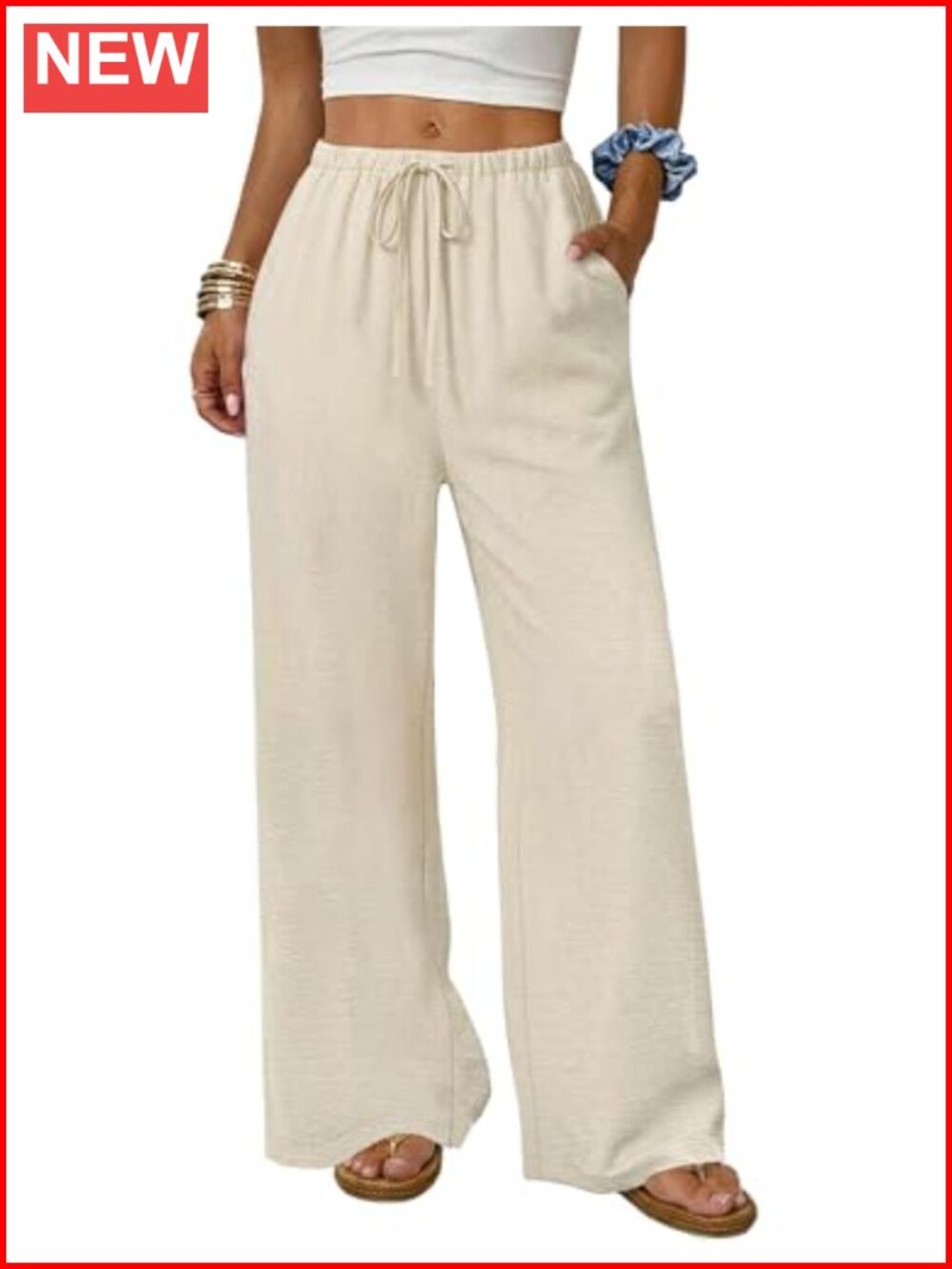 Women's Wide Leg Palazzo Pants Flowy Drawstring Elastic Waist Pockets Summer